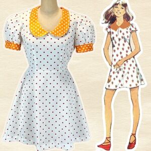 VINTAGE 70s mini dress polka dot bow tie belt‎ short puff sleeve rounded collar